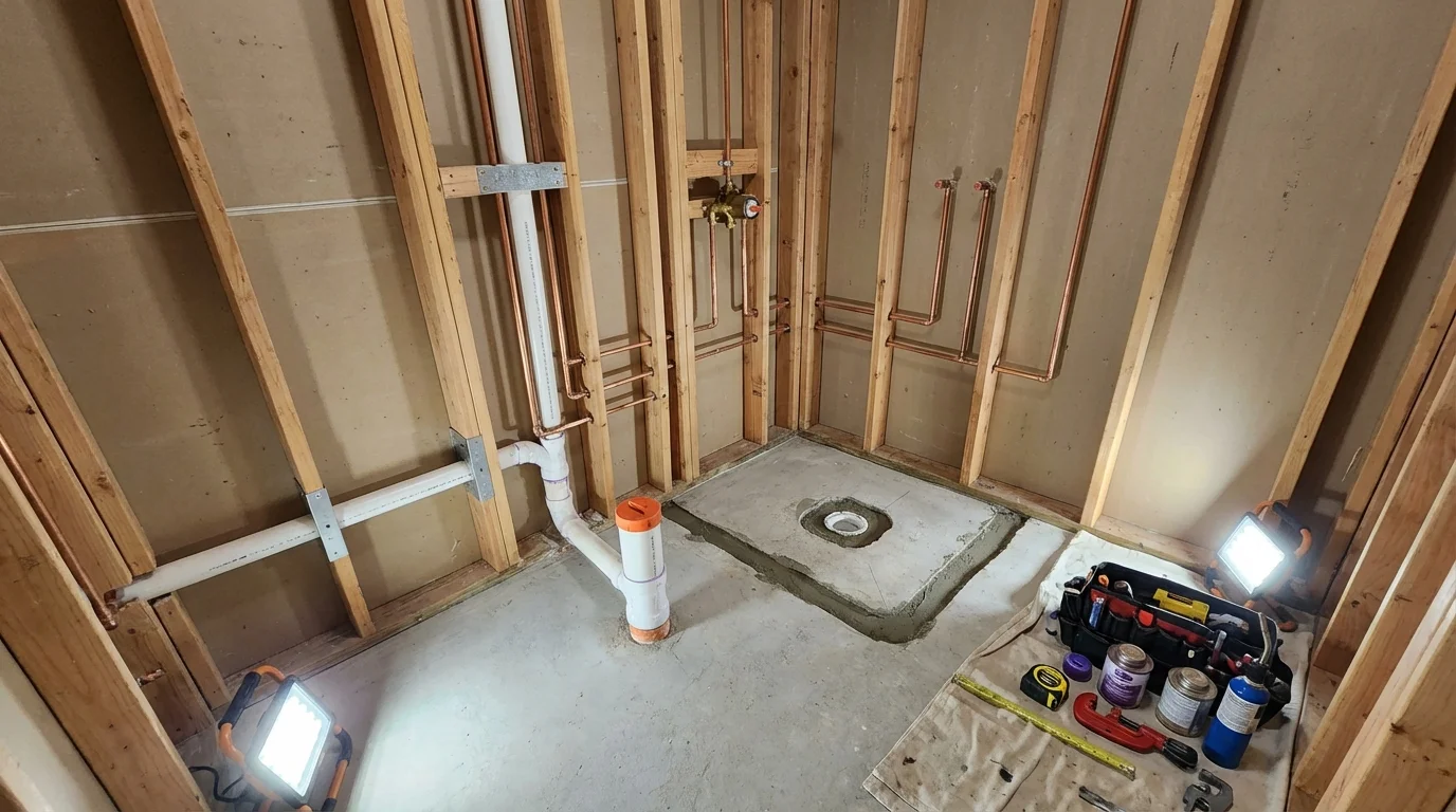 Bathroom rough-in plumbing during remodel by Johns Plumbing LLC in Bloomsburg
