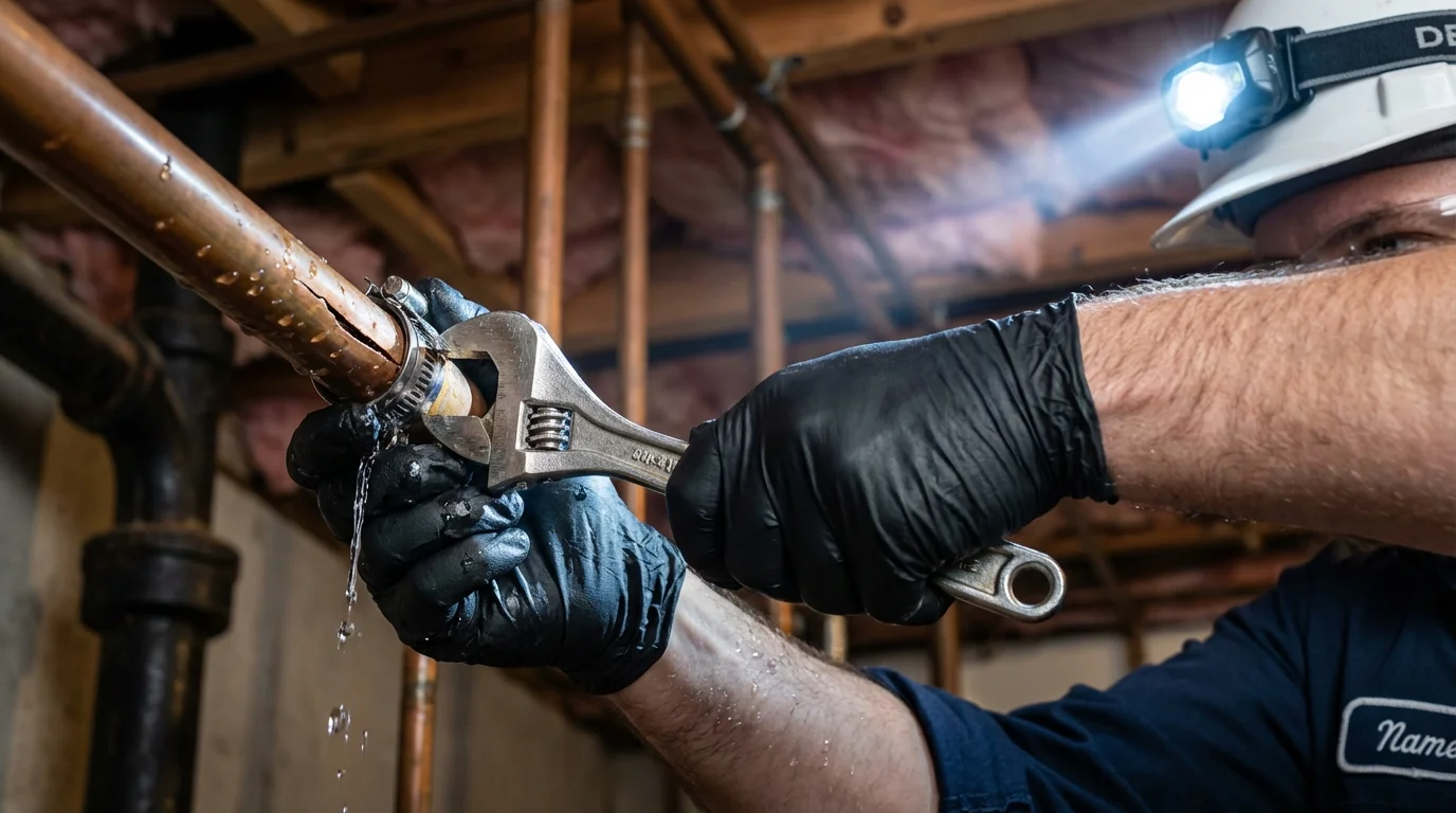Emergency pipe clamp repair being performed by a Johns Plumbing LLC plumber in Bloomsburg