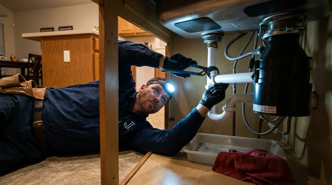 P-trap and supply line connections under a kitchen sink showing a common leak point in Bloomsburg, PA